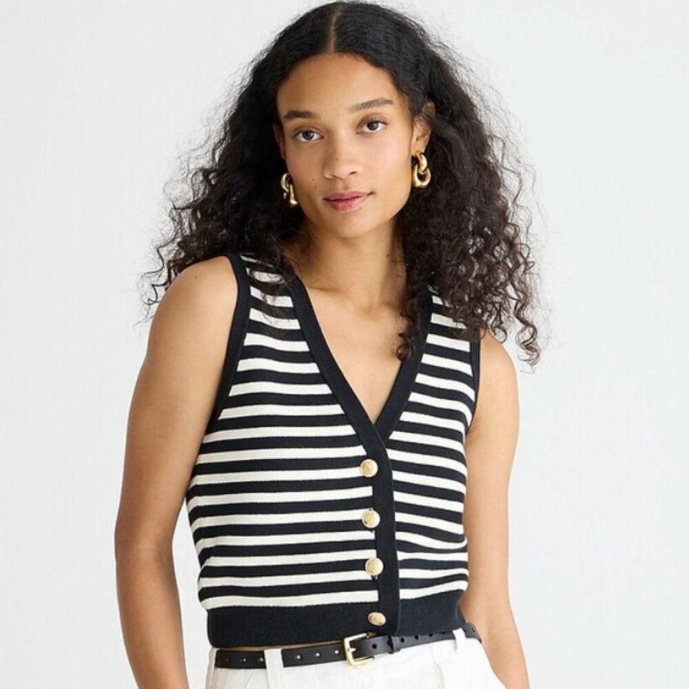 J. Crew Emilie Sweater Vest in Stripe, Black Ivory M